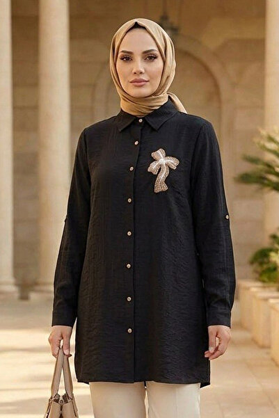 N.S NEVA STYLE Tunica neagra cu detaliu brosa, stil Tesettur 11192S