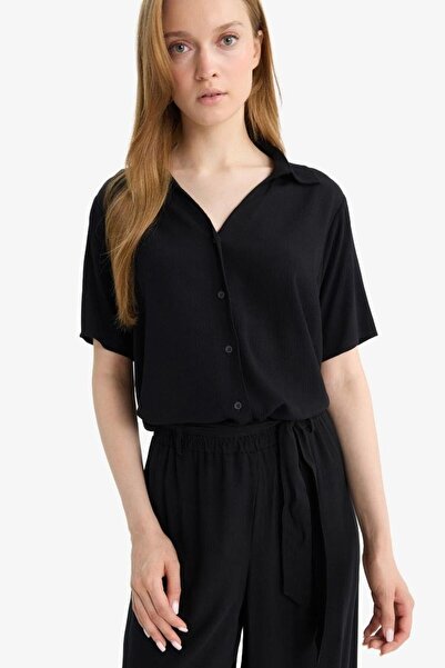 DeFacto Regular Fit Cropped Collar Crinkle Viscose Short Sleeve Black Shirt (...