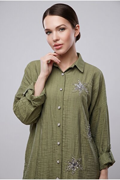 ELVA MODA Haki Yeşili Gümüş Boncuk İşlemeli Krinkıl Dokulu Oversize Kadın Gömlek