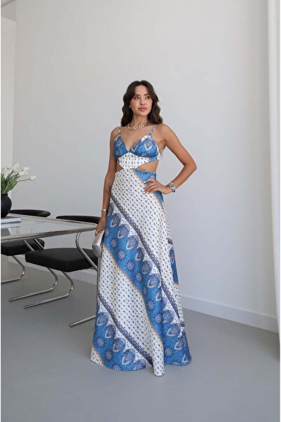 Havoş Blue Ethnic Patterned Cut Out Satin Dress