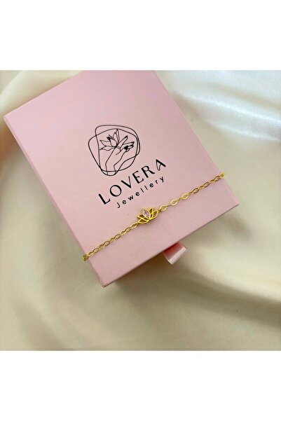 Lovera Jewellery 925 Ayar Gümüş Sertifikalı 14K Gold Renk Pembe Taşlı Lotus Ç...