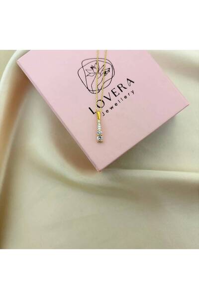 Lovera Jewellery 925 Ayar Gümüş Sertifikalı 14K Gold Renk Beş Taş Kolye