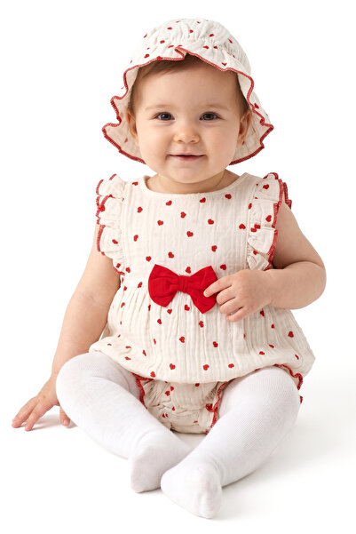 bebegen Baby Girl Ecru Red Heart Patterned Muslin Bodysuit with Hat