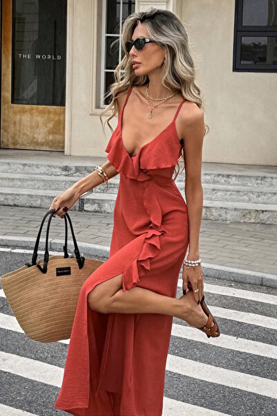 missamour Women's V-Neck Asymmetrical Ruffled Slit Maxi Dress