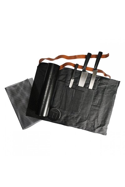 Homey's Set de gratar Homey's, 5 piese, cu sort din denim, 3 cutite din otel ...