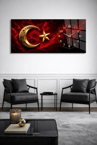 Olinpa KIRILMAZ CAM DUVAR SAATİ, HEM TABLO HEM SAAT GOLD AY YILDIZ KIRMIZI Sİ...