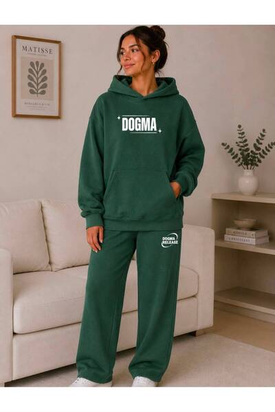 caddekombin Unisex Kangaroo Pocket Hooded Dogma Printed Tracksuit Set
