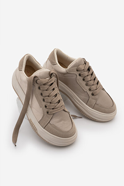 Marjin Women's Sneaker Thick Sole Lace-Up Sports Shoes Sifaz Beige Satin
