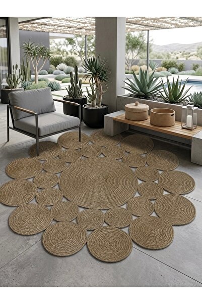 Thalia Home Jüt Halı Yuvarlak Hasır Halı Kilim Yolluk