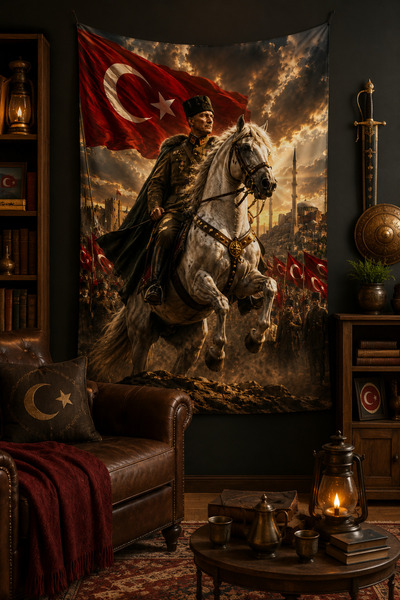 Vagonik Ataturk Turkish Flag White Horse Themed Wall Cloth Banner Thick Fabric