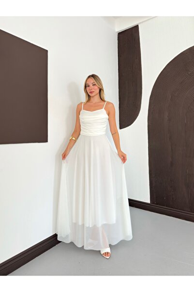 MODAMERSİ Women's White Strappy Tulle Dress