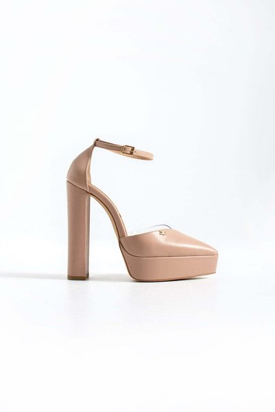 FOLLİNİ Women's Genuine Leather Platform Heeled Shoes Cream