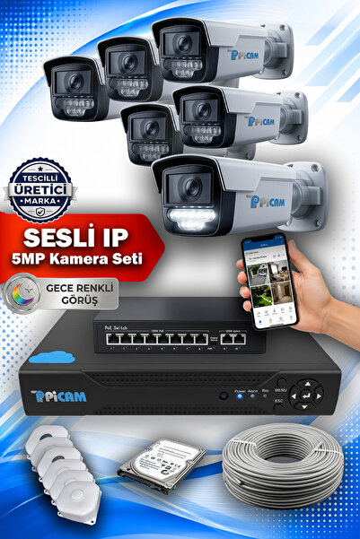 6 Kameralı | 320 GB | 5MP IP POE | SESLİ | RENKLİ Gece Görüş | Güvenlik Kamera Sistemi | Hazır Full Set