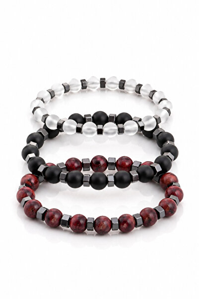 Sortie Aksesuar Erkek 3'lü Doğal Taş Bileklik Kombin Seti - Mat Oniks, Bordo ve Saydam Beyaz Doğal Taş Hematit Detaylı Unisex Premium Boncuk Bileklik