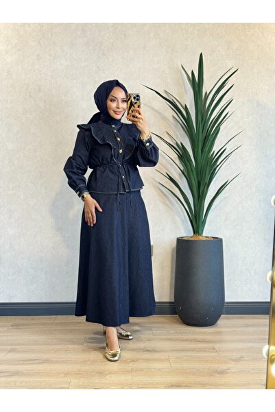ALANURMODA 3407 Ruffle Detailed Skirted Denim Suit Navy Blue