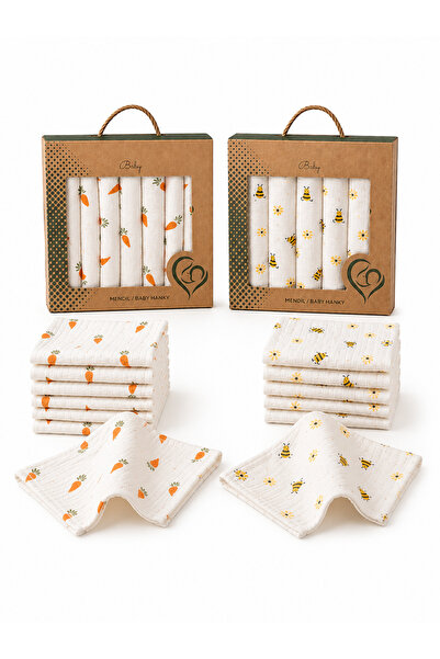 Lilliy %100 Pamuk Müslin Bebek Ağız Mendili 14'lü Set (7 Havuç + 7 Arı Desenl...
