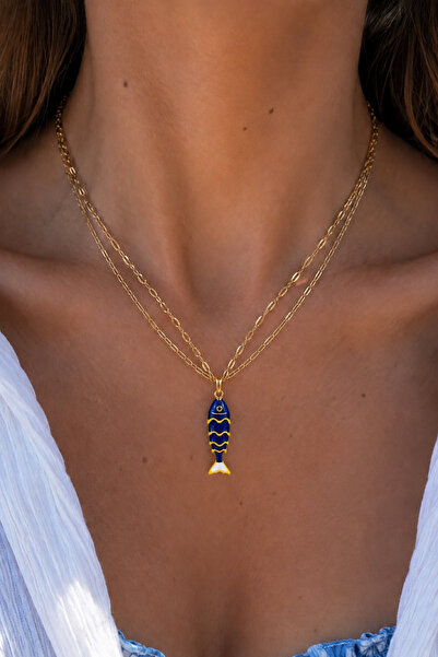 FIERA JEWELRY Gold Renk Çift Zincir Lacivert Balık Figürlü Çelik Kadın Kolye