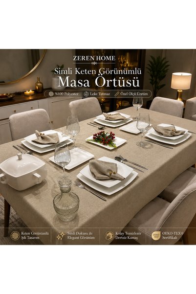 Zeren Home Silvery Stone Beige Linen Look Tablecloth |   Stain Resistant |   Oeko-Tex |   Custom Size Production |   Stylish Dining Table Cover