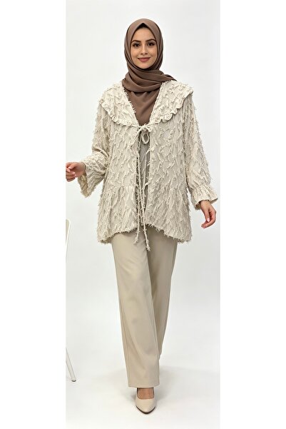 Allora Vivi Kadın Püskül Dokulu Bağlamalı Oversize Kimono Hırka