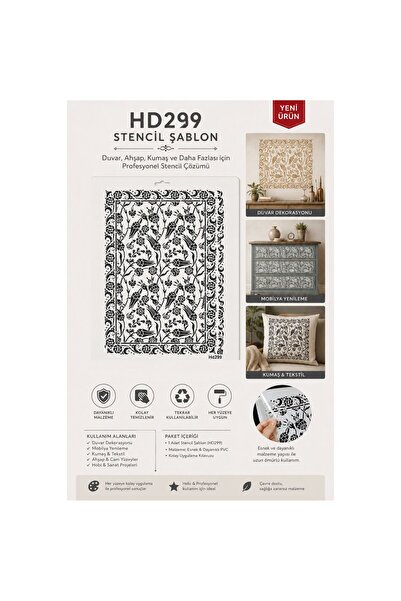 STENCİLTASARIM Stencil Tasarım HD299 Etnik Halı Deseni- Dekoratif Duvar, Eşya...
