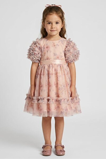 Luna Moon Toddlers Girl Floral Print Mesh Dress, Pink