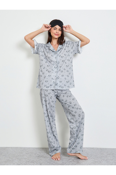 Styli Grey Ruffle Seam Detail Sheep Print Shirt and Pyjama Set
