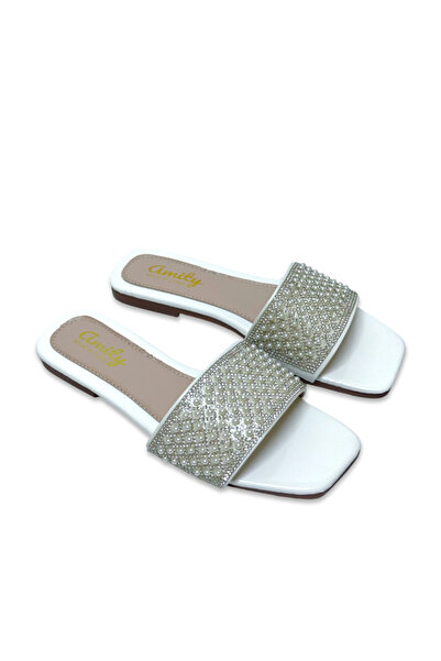 Saudi Step Women Pearl Rhinestone Flat Slide Sandals Ergonomic Comfort Footwe...