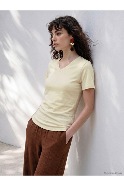 LC Waikiki Lcwaikiki Petite Beige V-Neck 100% Cotton Women's T-Shirt
