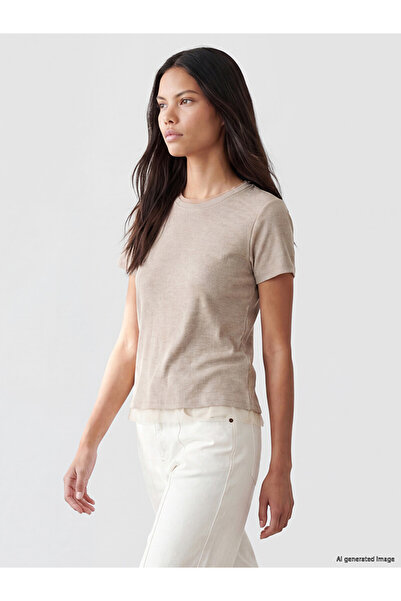 LC Waikiki Lcw Modest Beige Crew Neck Women's Ribbed T-Shirt
