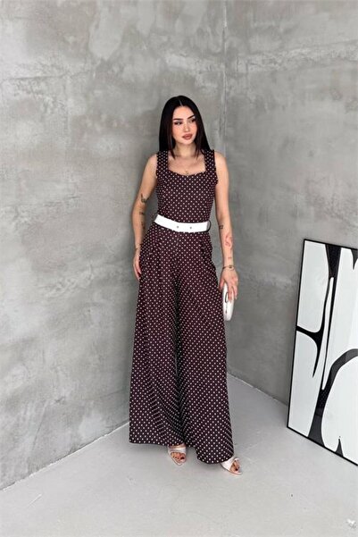 Neşeli Butik Γυναικεία φόρμα με καφέ πουά τετράγωνο γιακά, ζώνη και φαρδιά μπ...