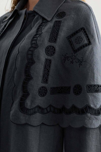 BE BLUE Anthracite Embroidered Cape Shirt