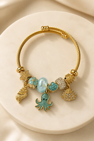PABALAS Women's Gold Steel Charm Bracelet with Octopus, Sea Shell, Star and T...