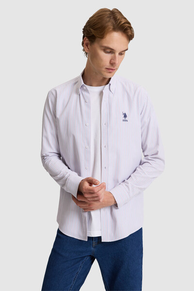 U.S. Polo Assn. قميص رجالي بأكمام طويلة مخطط باللون الأرجواني الفاتح 50324659...