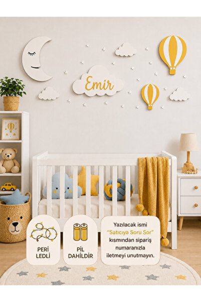 Windly Concept Kişiye Özel LED Işıklı Bulut İsimlik Ay Balon Bebek Odası Duva...