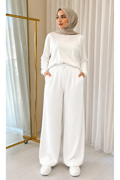 MYMAGAZİNE LASTİKLİ TENSEL PANTOLON BEYAZ
