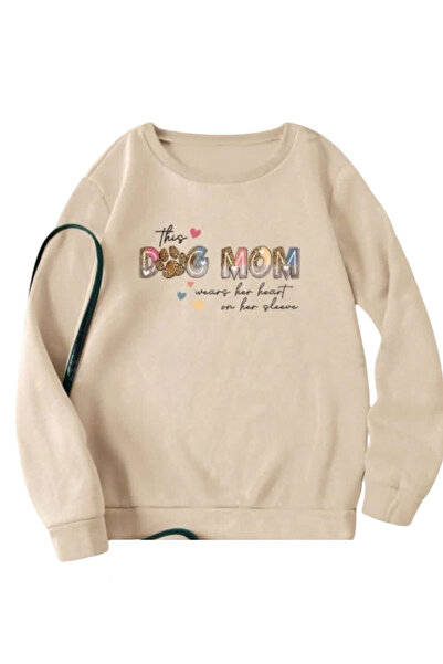 OEM Bluza dama, groasa, crem, din material pufos, cu imprimeu, XS
