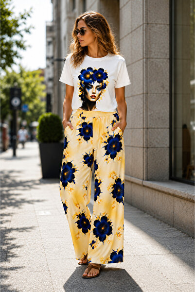 Combout Women's Oversize Printed T-Shirt Floral Patterned Viscose Wide Leg Pa...