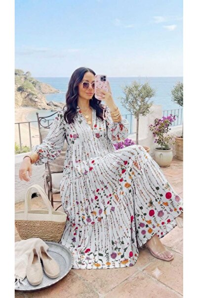 QUAWEAR V-Neck Patterned Viscose Fabric Full Length Dress