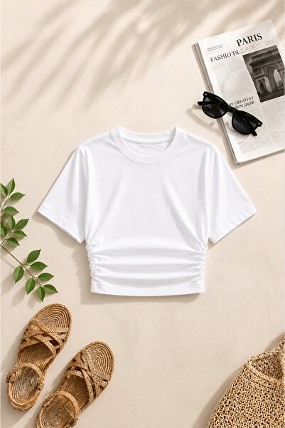 uyguntarz Women's White Crop Blouse Crew Neck Short Sleeve Casual Basic T-Shirt