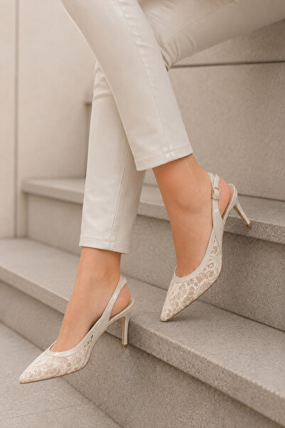Women Lay-z Women's Cream Lace Detailed Pointed Toe Open Back Stiletto 8 cm H...