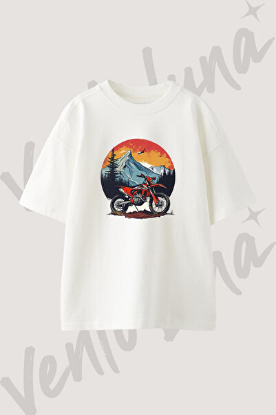 Vento Luna Off Road Motorcycle Dağ Tasarım Baskılı Unisex Oversize Kalıp Beya...