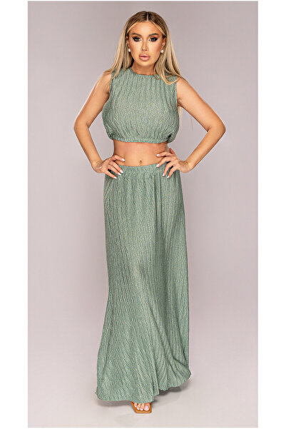 OEM Fusta dama, lunga, verde, din lurex, plisata, cu slit, talie elastic, One...