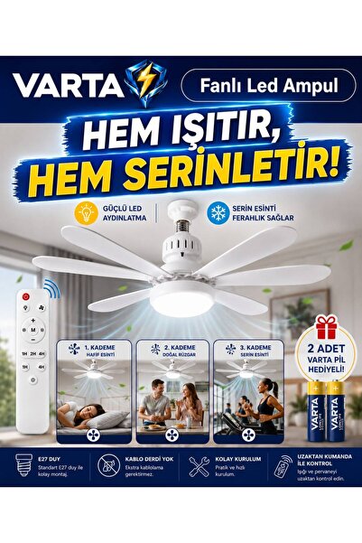 Varta 6 kanatlı Pervane ampul kumandalı sessiz çalışma 40 watt fanlı tavan ti...