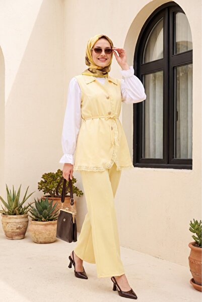 Modamorfo Lace Detailed Belted Vest and Trousers Double Crepe Set - Yellow
