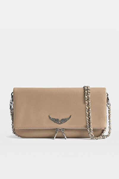Morlex Women's Beige Mink Wing Detailed Chain Shoulder and Portfolio Bag