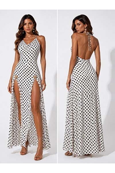 MeAndMe Fashion Puantiyeli Boyundan Bağlamalı Çift Yırtmaçlı Sırt Dekolteli İ...