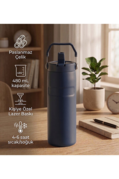 vegahediye v vega Taşıma Saplı Pipetli Paslanmaz Çelik Termos 480 mL