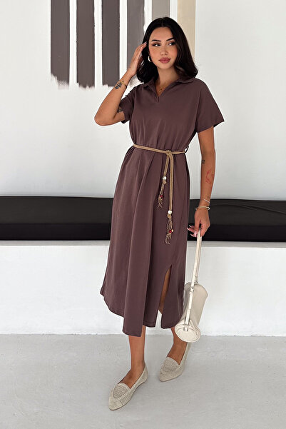 Noa&Noa Aura Linen Women's Belted High Neck Midi Dress