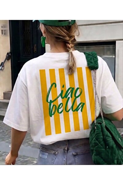 LELVANİ Women's Red Writing Ciao Bella Line Printed Crew Neck White T-Shirt