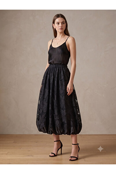ÖZSU FASHİON Women's Black Lined Flexible Waist Lace Balloon Skirt